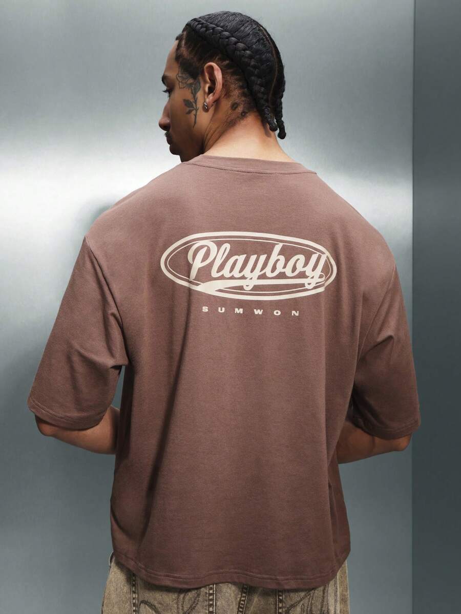PLAYBOY X SUMWON Oval Logo Crew Neck Short Sleeve Regular Fit Cotton T-Shirt With Contrast Piping Details - Brown - View 1