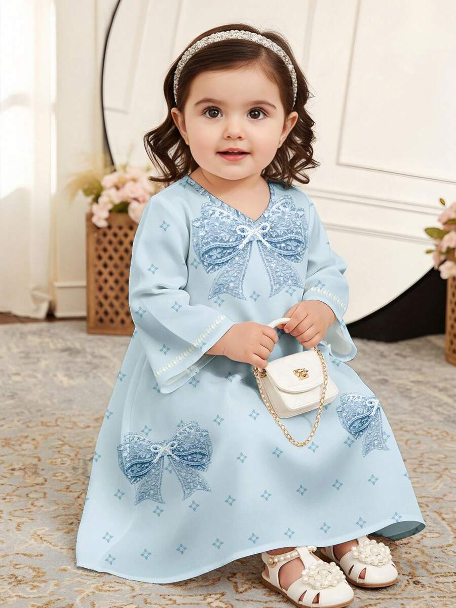 Princess Icy Blue, Sweet & Elegant Fashion Princess Butterfly Print Baby Girl Casual Traditional Arabian Dress, Suitable For Spring/Summer Daily, Festivals, Outings