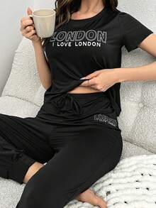 Letter Graphic Tee & Drawstring Waist Pants PJ Set / Pajama Set - Black - View 3