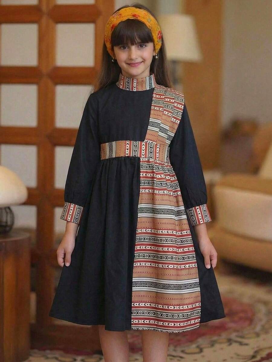 少女休闲简约舒适立领复古图案拼接传统阿拉伯服饰长袍纯色连衣裙 - 彩色 - 查看 1