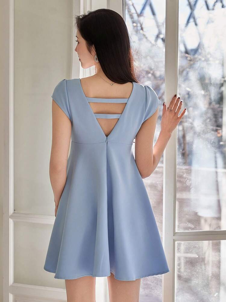 Women's Elegant Solid Color Pleated Puff Sleeve Mini Dress, Summer Wedding Guest Dress Sundress Cocktail Dress