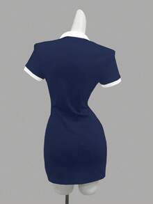 INAWLY 优雅刺绣休闲Polo领修身T恤连衣裙