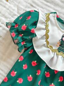 SHEIN Newborn Baby Girl Printed Patchwork White Ruffled Bubble Short Sleeve Dress, Summer New Style - Dark Green - View 6