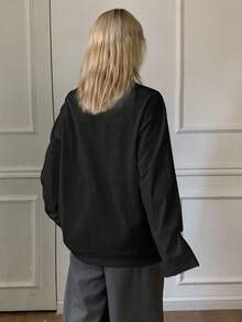 Livesso 女式纯色时尚宽松长袖圆领T恤 - 黑色 - 查看 3