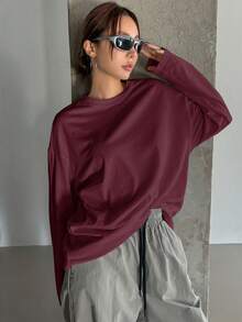 DAZY Women Solid Color Round Neck Loose Long Sleeve Long T-Shirt,Fall Clothes - Red - View 4