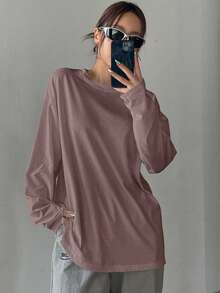 DAZY 女士纯色圆领宽松长袖T恤，秋季服装 - 淺灰紫 - 查看 6