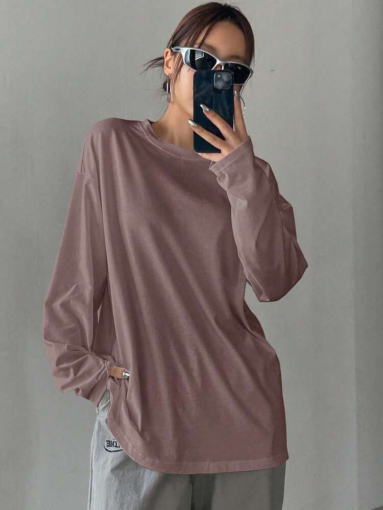 Women Plain Round Neck Loose Long Sleeve T-Shirt,Fall Clothes