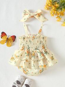 SHEIN Vintaside Kids BABYGIRL Summer Spaghetti Strap Romper With Ruffled Hem, Playful And Suitable For Everyday Wear