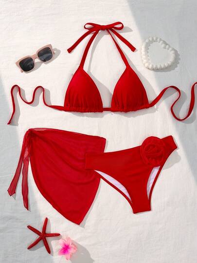 Swim Mod Conjunto de bikini de 3 piezas para mujer talla grande con parte superior halter con espalda descubierta y lazo delantero, y falda pareo con estampado floral 3D para vacaciones de verano en la playa