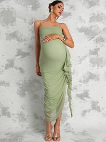 MaterniChic Maternity Summer Sage Green Elegant Party Pregnant Spaghetti Strap Ruffle Hem Dress For Photography,Baby Shower,Wedding Guest And Luxury Evening Out - Green - View 7