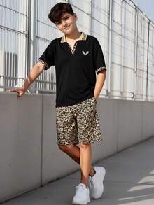 Vacaura 2件套休闲几何印花弹力腰宽松运动裤，适合青少年男孩，适合春、夏、秋季日常穿着、生日派对、校园活动、家庭聚会、正式场合。 - 彩色 - 查看 8