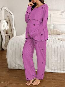 Moonlight&Mama 2pcs Polka Dot Bow Print Nursing Friendly Crew Neck Long Sleeve Top And Pants Maternity Pajama Set - Pink - View 3