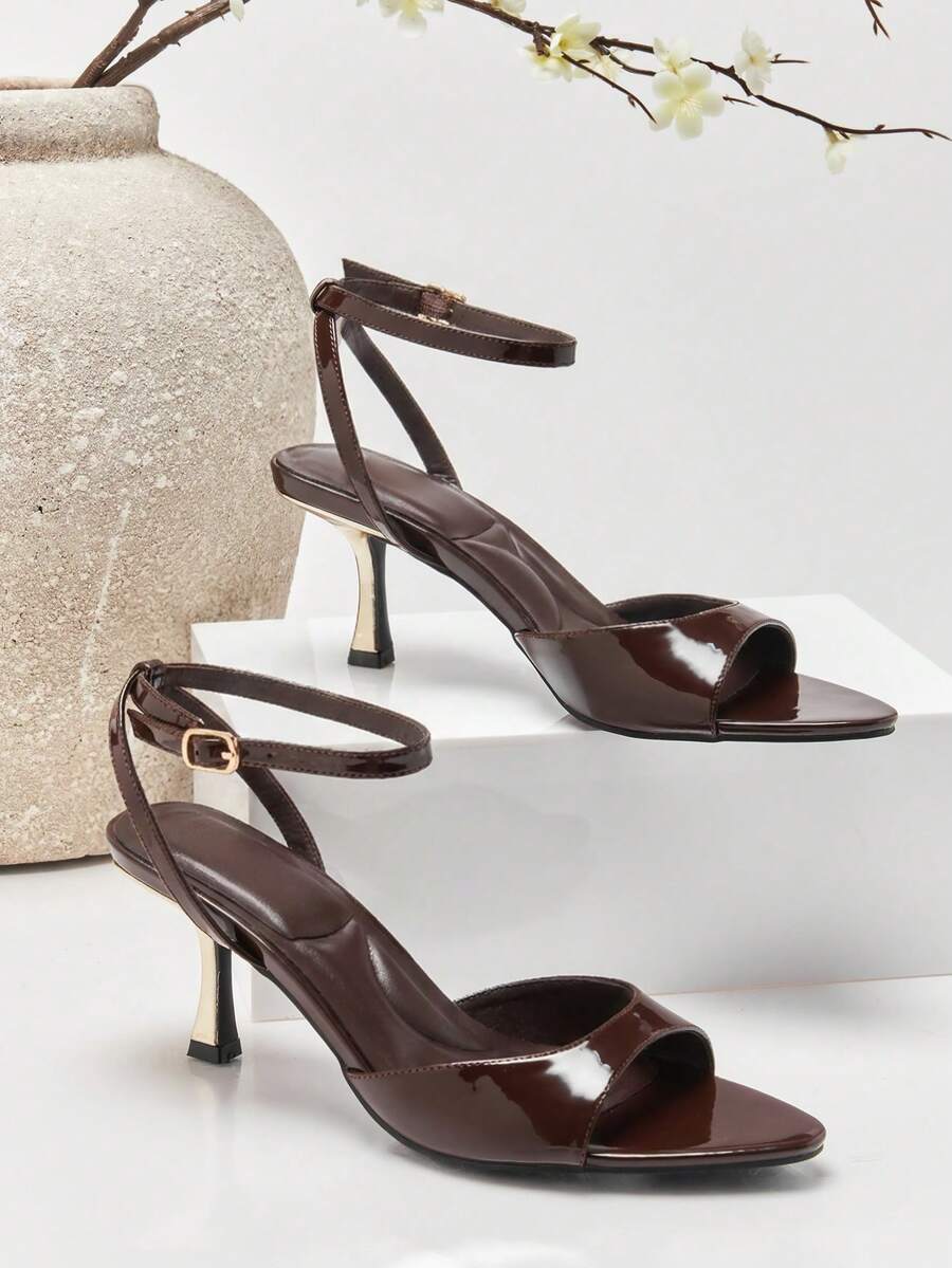 SHUZIA Women's Patent PU Peep Toe Heeled Sandals - Chocolate Brown - View 1