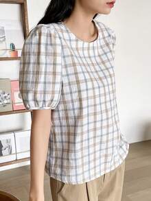 DAZY 格纹印花锁眼后背泡泡袖衬衫 夏季 - 彩色 - 查看 3