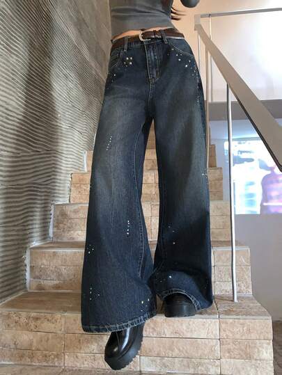 DAZY Women's Rhinestone Embellished Retro Flared Jeans, Vintage Girly Style