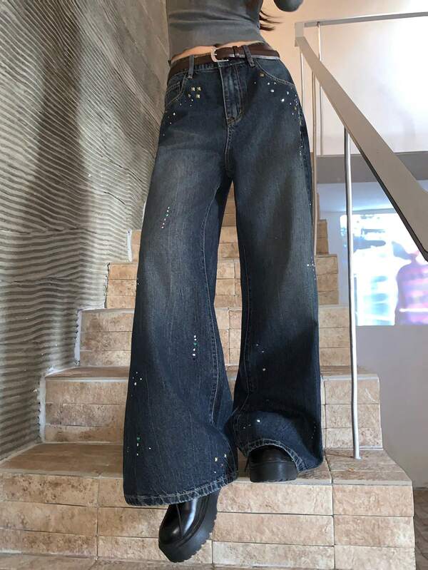 DAZY Women's Rhinestone Embellished Retro Flared Jeans, Vintage Girly Style
