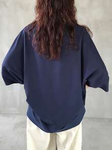 FRIFUL 女士海军蓝宽松基础款T恤，休闲夏季服装 - 藍色 - 查看 5