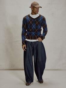 Musero 修身长袖针织菱形图案V领套头衫，下摆细节设计，冬季必备单品 - 彩色 - 查看 5