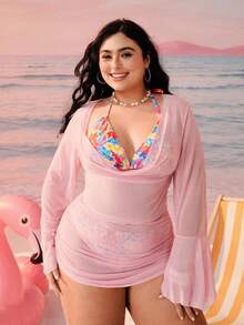 Swim Mod 3pcs Plus Size Women Slimming Floral Print Bikini Set + Cover Up, Summer Vacation Swimsuit - Pink - View 4