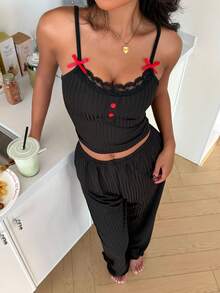 SHEIN 性感蕾丝吊带背心和睡裤套装，红色嘴唇印花，女士款 - 黑色 - 查看 4