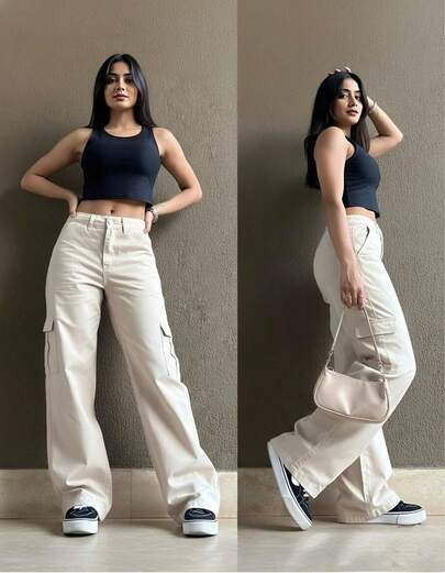 Pantalón Cargo Oversize Para Mujer,Elegante Casual- Minimalismo Urbano Color Liso, Moderno, Estilo Y2K Aesthetic