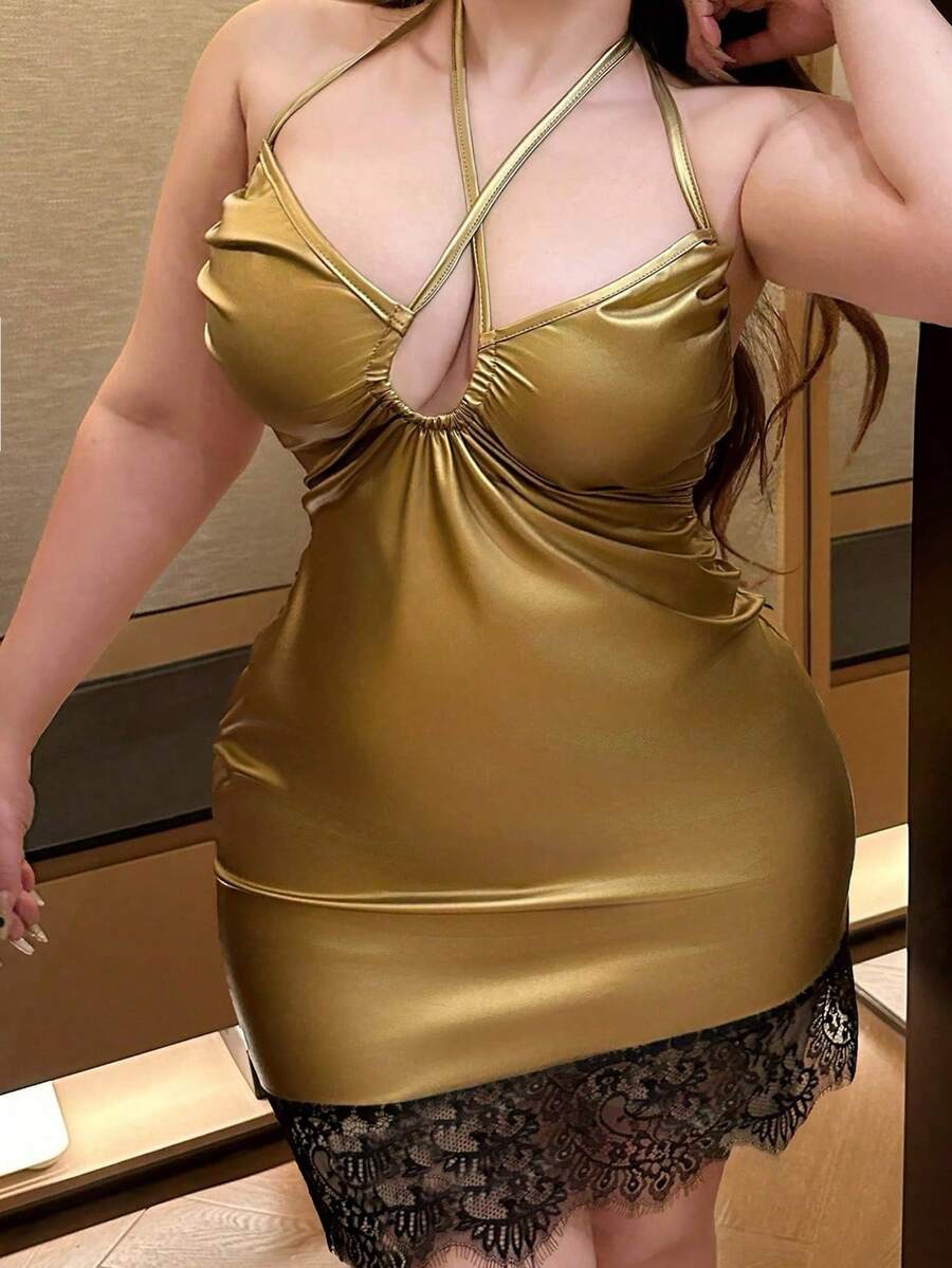 Vibekara Valentine Sexy Bodycon Spaghetti Strap Faux Leather Party Dress - Gold - View 1