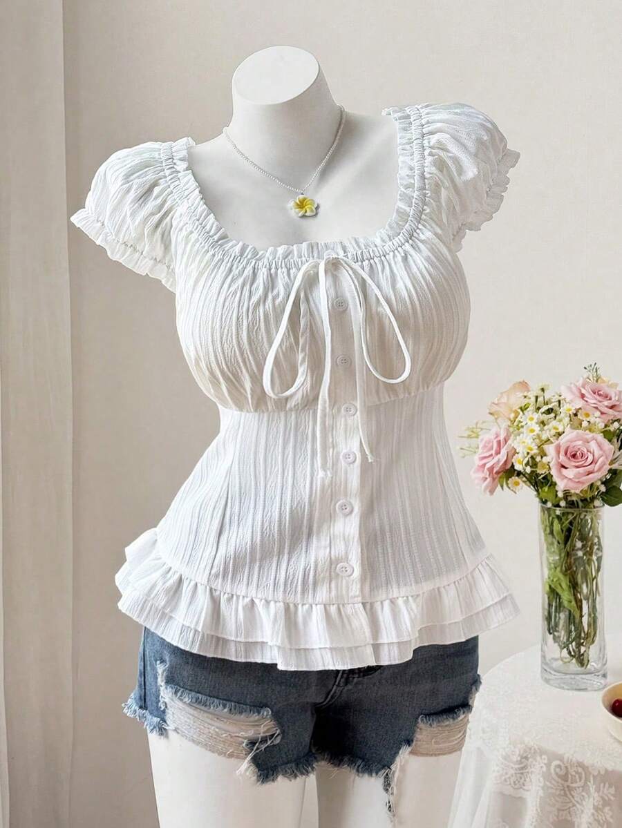 Sweetra Cute Casual Puff Sleeve Cinched Waist Button-Front Short Sleeve Summer Shirt - White - View 1