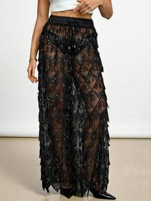 SHEIN Tall Sheer Sequin Embellished Wide Leg Pants With Elastic Drawstring Waist Party Festival Evening Wear Special Occasion Fringe Detailing Fringe Wide Leg Pants Tassel Pants Sequin Pants Fringe Pants See Through Pants - Black - View 4