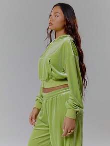 MUSERA Velour Hotfix Graphic Cropped Fitted Hoodie Tracksuit Top Only Streetwear Coolgirl Winter Sexy Casual Odd Drift - Green - View 4