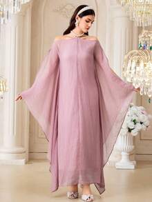 Al Najma Women's Solid Color Off-Shoulder Split Sleeve Loose Turkish Maxi Dress Kaftans For Women - Pink - View 4