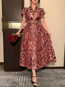 DAZY Women's Elegant Floral Print Long Dress With Lapel Collar And Belt, Summer Wedding Guest Dress - Burgundy - View 7