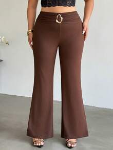 Firerie Quần legging ống loe cạp cao, màu trơn, cỡ lớn, đính kim loại. - Cà phê nâu - Xem 4