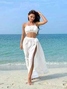 Swim Vcay 圍裙風格純色連身胸衣和裙子組合出席婚禮 - 白色 - 查看 5