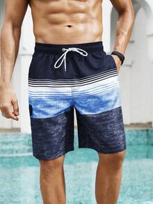 Manfinity Swimmode Men's Striped Drawstring Waist Pocket Beach Shorts - Multicolor - View 3
