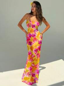 Aloruh 女士优雅橙红色花卉度假风全印花露背吊带连衣裙，适合海滩、度假村、郊游、旅行，时尚别致 - 白色 - 查看 2