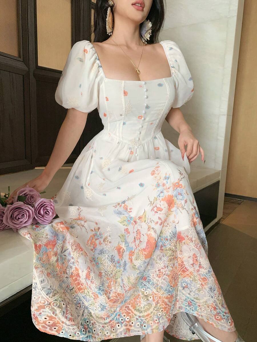 DAZY Women's Spring Vintage Romantic Floral Print Puff Sleeve Mini Dress Summer Sundress Boho - Multicolor - View 1