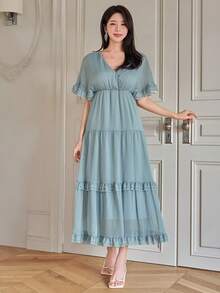 DAZY Đầm maxi nữ thanh lịch màu trơn cổ chữ V viền bèo, đầm dự tiệc cưới mùa hè, đầm maxi chống nắng. - Màu xanh lam - Xem 5