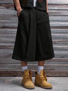 AXEPEAK 男士纯色褶皱宽松休闲阔腿裤 - 黑色 - 查看 4