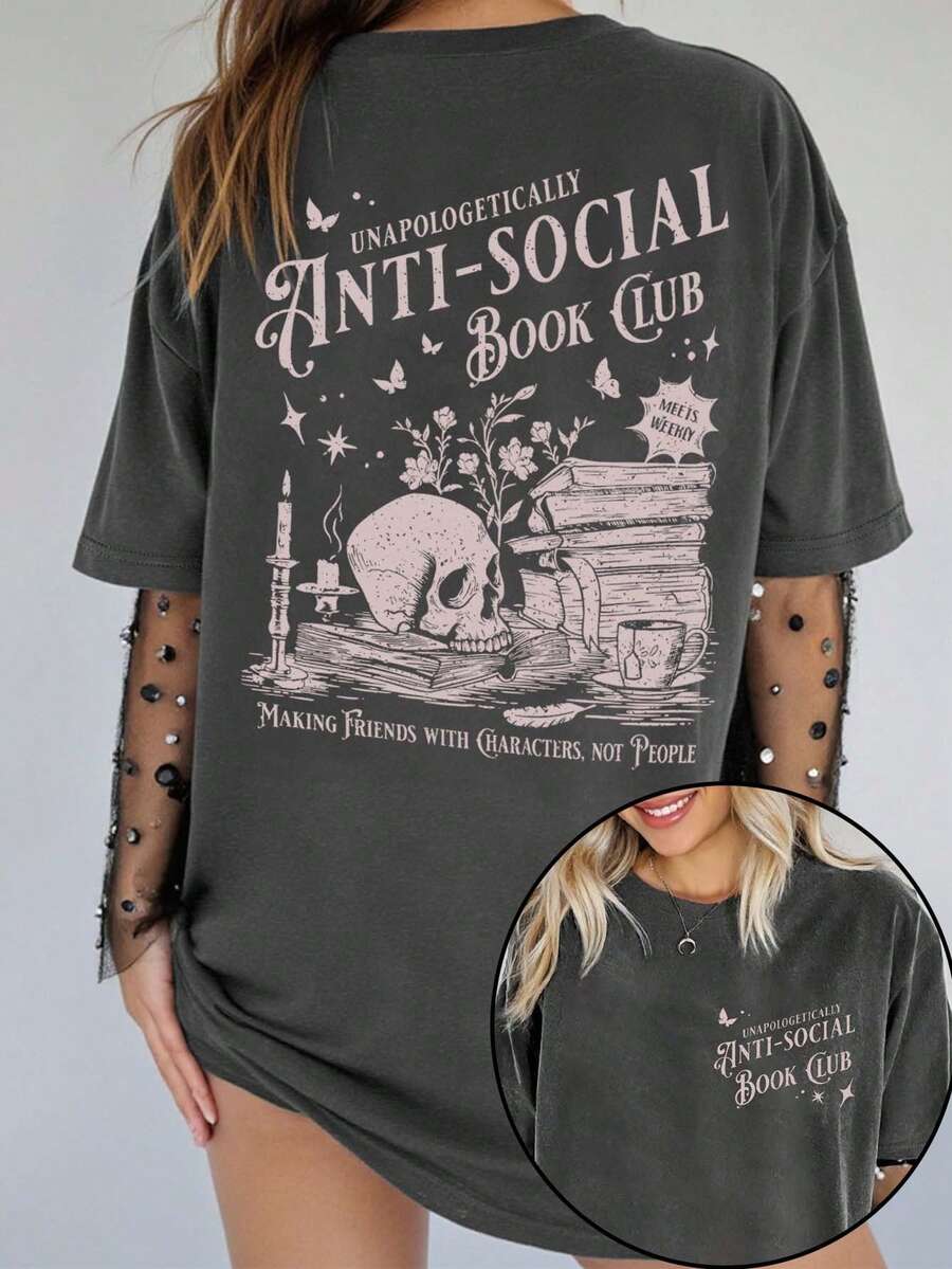 EMERY ROSE Plus Size Halloween T-Shirt, Plus Size Streetwear Graphic Tee, Cute Summer Top, Vacation Vibe - Dark Grey - View 1