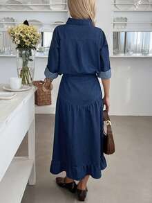 DAZY Women's Casual Washed Pocket Shirt And Pleated Denim Skirt 2-Piece Set, Spring/Summer - Blue - View 2