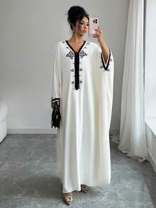 Yasmyna Women's Loose Fit Embroidered Faux Pearl Decorated Turkish Maxi Dress - Multicolor - View 3