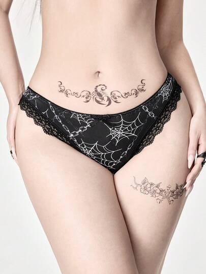 ROMWE 1pc Gothic Spider Web Lace Trim Women's Thong Panty