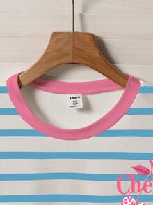 女童蓝白条纹圆领短袖T恤，樱桃豹纹印花图案，时尚百搭，适合春夏穿着 - 彩色 - 查看 4