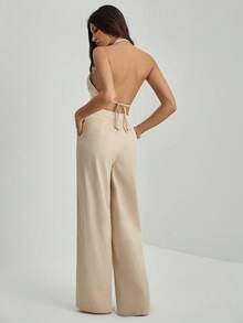 SHEIN Tall 办公室女士V领露背无袖上衣+阔腿裤，修身显瘦套装 - 卡其色 - 查看 3