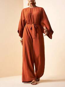 Zivah 2026 春季新品度假风音乐节复活节西部游牧风生日派对休闲街头风圆领披肩宽松系带腰身编织面料极简通勤连体裤棕色 - 咖啡棕 - 查看 3