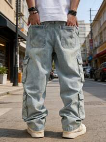 HIMLAND Men's Casual Loose Straight Leg Jeans With Pockets, Cargo Style Style Men Wide Leg Jean Baggy Cargo Jeans Men S Loose Straight Leg Casual Pants Cargos For Men - Light Wash - View 6