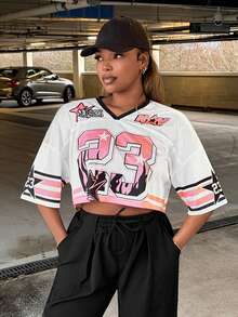 Slaydiva 大码女式休闲火焰 23 印花宽松 V 领短款 5/8 袖网眼 T 恤，适合夏季、运动、街头 Y2K 风格 - 彩色 - 查看 3