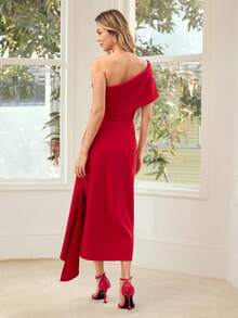 MOTF PREMIUM WOMEN'S ASYMMETRIC NECK ELEGANT STRUCTURED DESIGN DATE DRESS, SPRING/SUMMER - Red - View 3