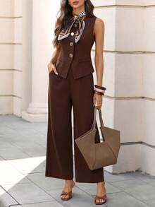 Editum Women's New Elegant Sleeveless Top And Pants Minimalist Commuting Casual Linen Suit Summer Spring Break Outfits Carnival Costume Women Valentine's Day Suitable For Spring/Summer Carnival - Brown - View 11