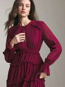 Ontre Đầm dài tay thanh lịch, phối nhiều lớp, viền bèo, màu đỏ tía dành cho nữ, bộ sưu tập 2026SS. - Màu đỏ tím - Xem 3